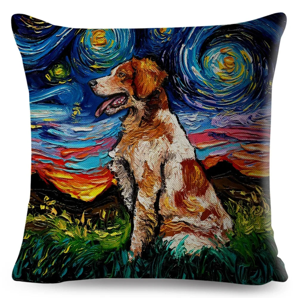 Both Sided Starry Sky Dog Cushion Cover Decor Oil Painting Cartoon Pet Animal Pillow Case for Sofa Home  Linen Pillowcase