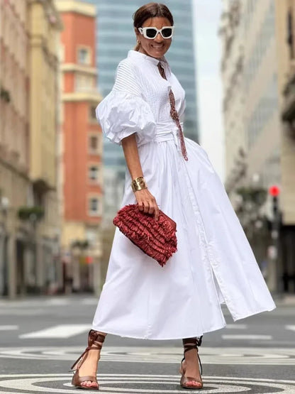 DEAT 2025 new autumn fashion clothing stand collar three quarter sleeves pleated waist belt long dress cotton vestido