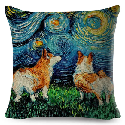 Both Sided Starry Sky Dog Cushion Cover Decor Oil Painting Cartoon Pet Animal Pillow Case for Sofa Home  Linen Pillowcase