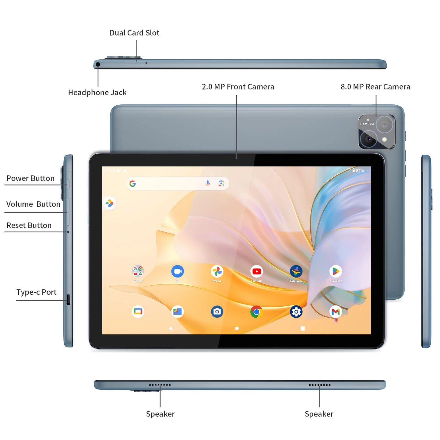 PRITOM Android 14 Tablet 10.1 Inch, 8GB(4+4 Expand) RAM + 128GB ROM, Octa Core, 5G WiFi, with Keyboard, Mouse, Case
