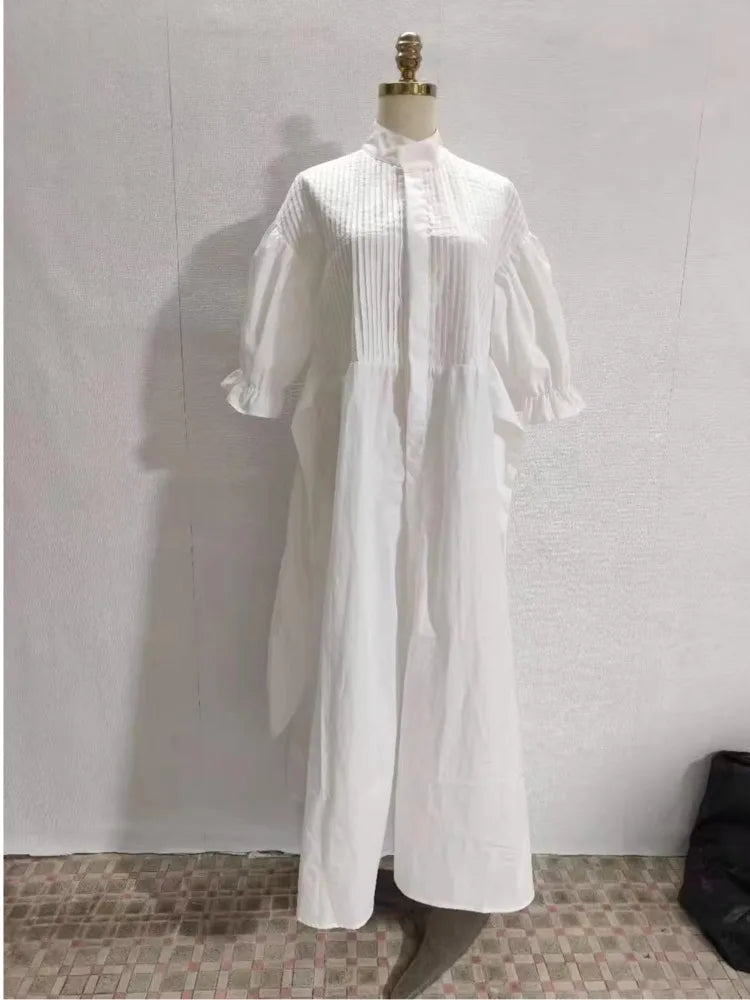 DEAT 2025 new autumn fashion clothing stand collar three quarter sleeves pleated waist belt long dress cotton vestido