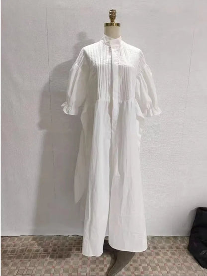 DEAT 2025 new autumn fashion clothing stand collar three quarter sleeves pleated waist belt long dress cotton vestido