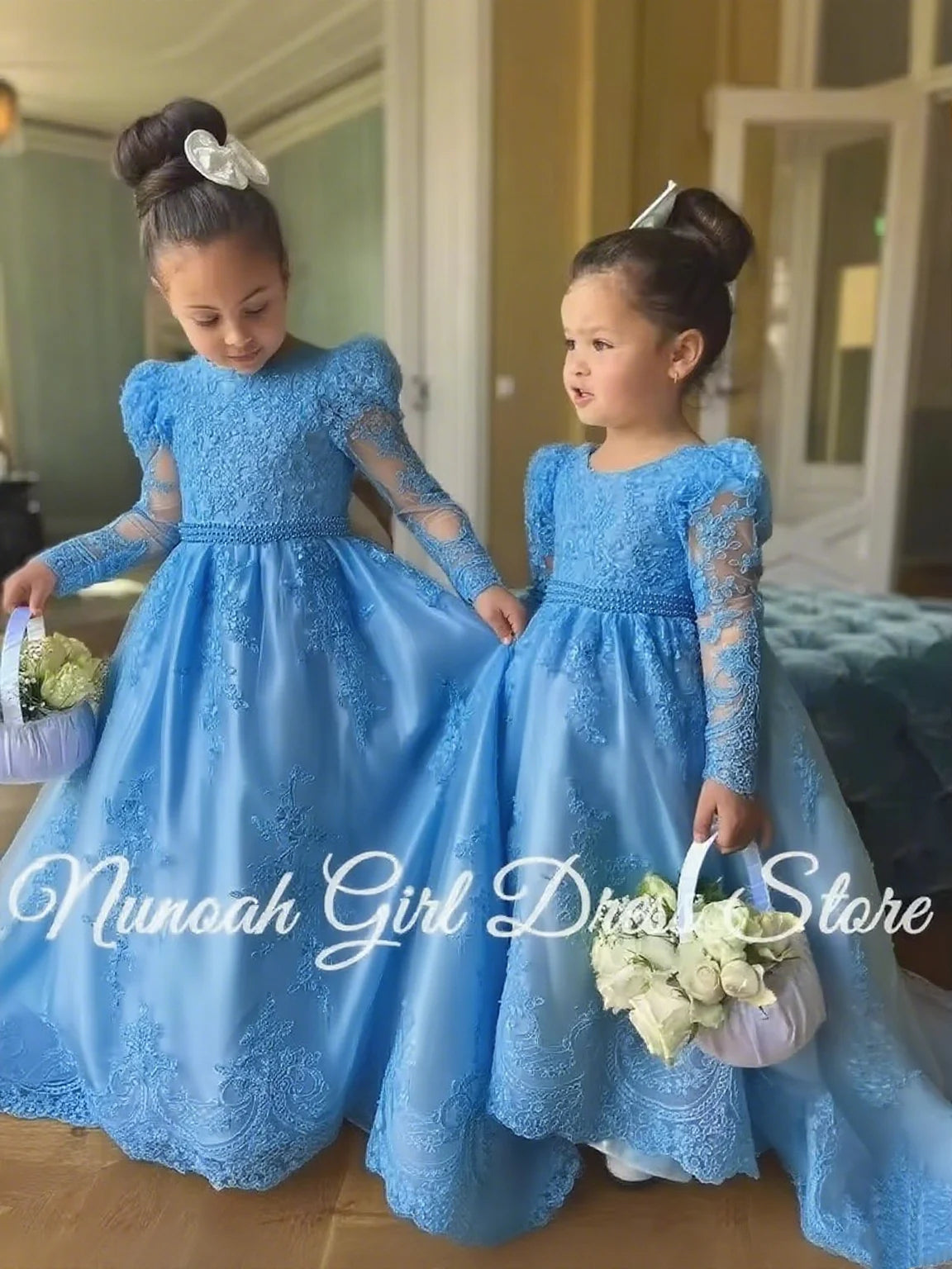 White Flower Girl Dresses for Wedding Bow Lace Appliques Floor Length Girls Kids Birthday Party Communion Party Gowns Customized