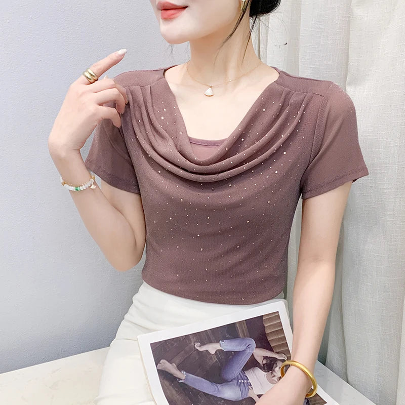 Korean Fashion Hot Diamond T Shirt Summer Casual Skew Neck Mesh Tops Beaded Short Sleeve Women Tees