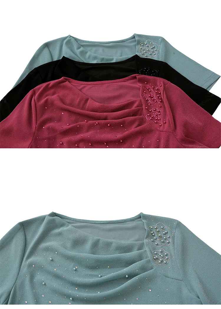 Korean Fashion Hot Diamond T Shirt Summer Casual Skew Neck Mesh Tops Beaded Short Sleeve Women Tees