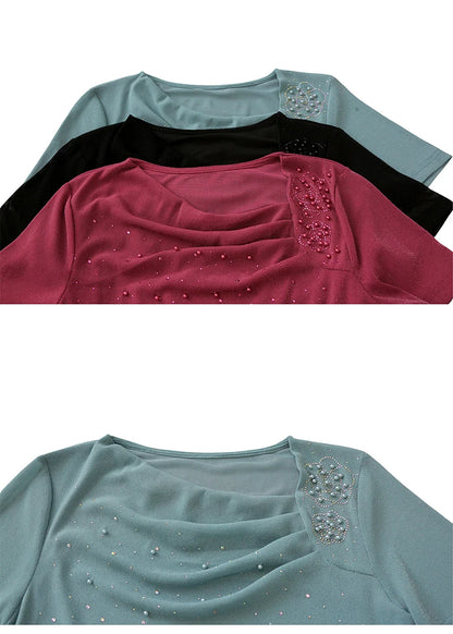 Korean Fashion Hot Diamond T Shirt Summer Casual Skew Neck Mesh Tops Beaded Short Sleeve Women Tees