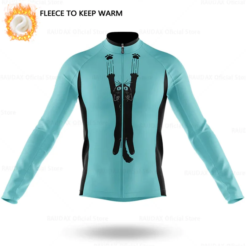 Cartoon Cat Winter Cycling Jersey Men Thermal Fleece Long Sleeve Race Sweatshirt MTB Cycling Clothing Ropa Ciclismo Bike Jacket