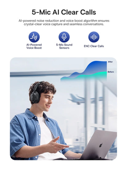 Baseus Bass EH10 NC Wireless Headphones Bluetooth 6.0 Noise Canceling 45dB Over Ear HeadsetSpatial Audio Earphone 80H Time