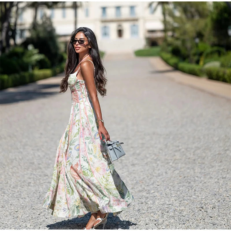 Women Elegant Printed Halter Long Sling Dress Sexy V-neck Sleeveless High Waist Slim A-line Dresses Lady Evening Party Dress