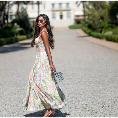 Women Elegant Printed Halter Long Sling Dress Sexy V-neck Sleeveless High Waist Slim A-line Dresses Lady Evening Party Dress