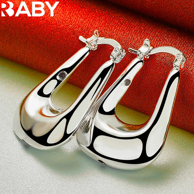 URBABY 925 Sterling Silver 17mm Smooth U Hoop Earrings For Woman Wedding Engagement Party Gift Charms Fashion Jewelry