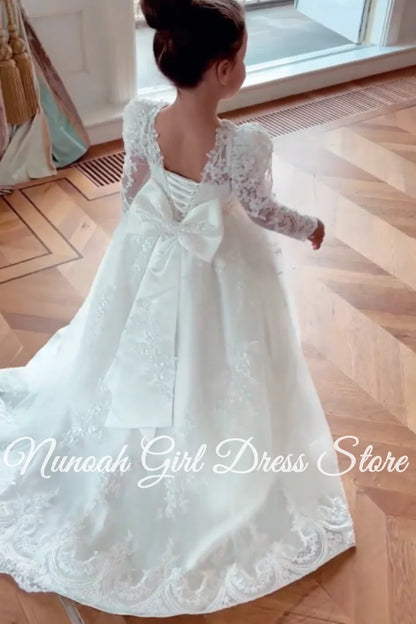 White Flower Girl Dresses for Wedding Bow Lace Appliques Floor Length Girls Kids Birthday Party Communion Party Gowns Customized