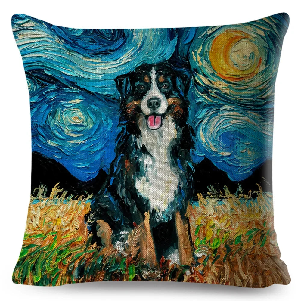 Both Sided Starry Sky Dog Cushion Cover Decor Oil Painting Cartoon Pet Animal Pillow Case for Sofa Home  Linen Pillowcase