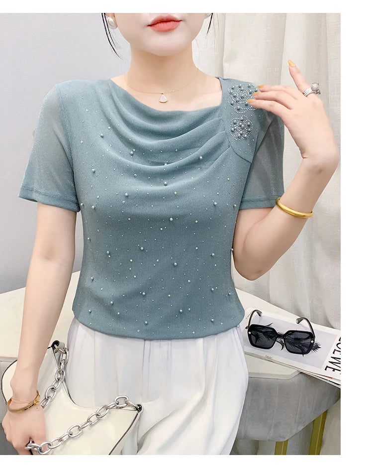 Korean Fashion Hot Diamond T Shirt Summer Casual Skew Neck Mesh Tops Beaded Short Sleeve Women Tees