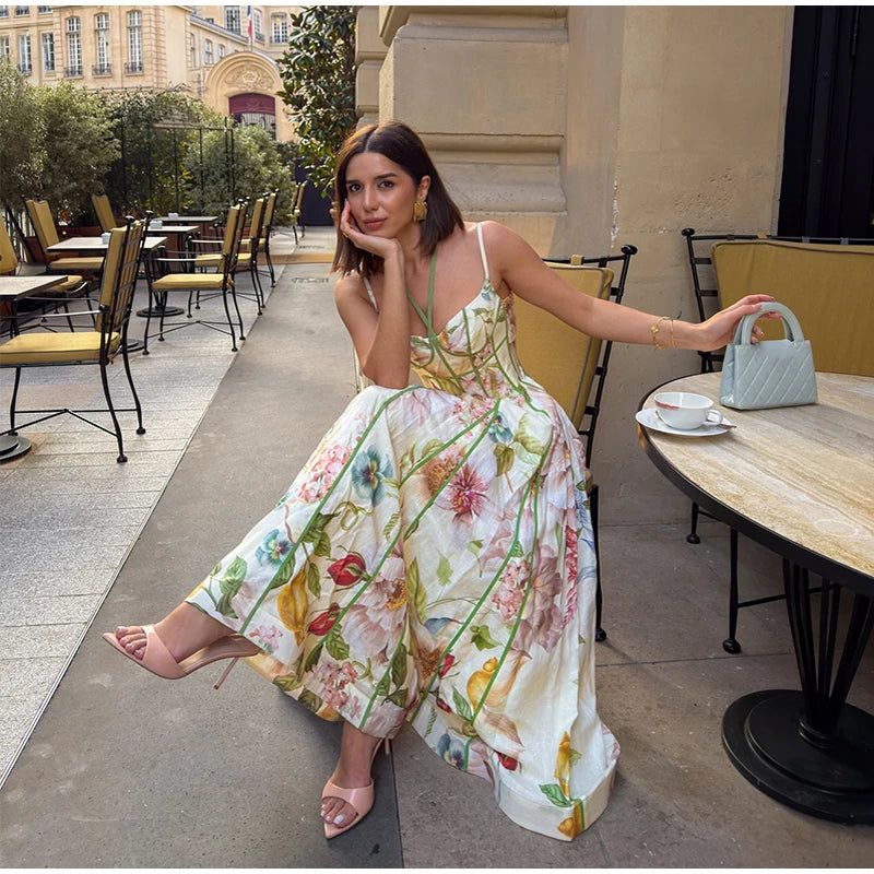 Women Elegant Printed Halter Long Sling Dress Sexy V-neck Sleeveless High Waist Slim A-line Dresses Lady Evening Party Dress