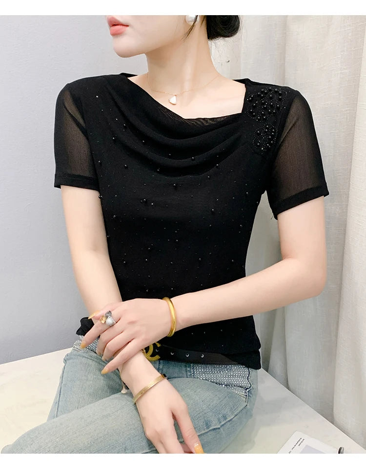 Korean Fashion Hot Diamond T Shirt Summer Casual Skew Neck Mesh Tops Beaded Short Sleeve Women Tees