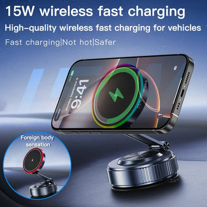 15W Vacuum Suction Cooling Magnetic Wireless Charger Car Phone Holder Mount 360 Rotatable Compatible with Smartphones for iPhone