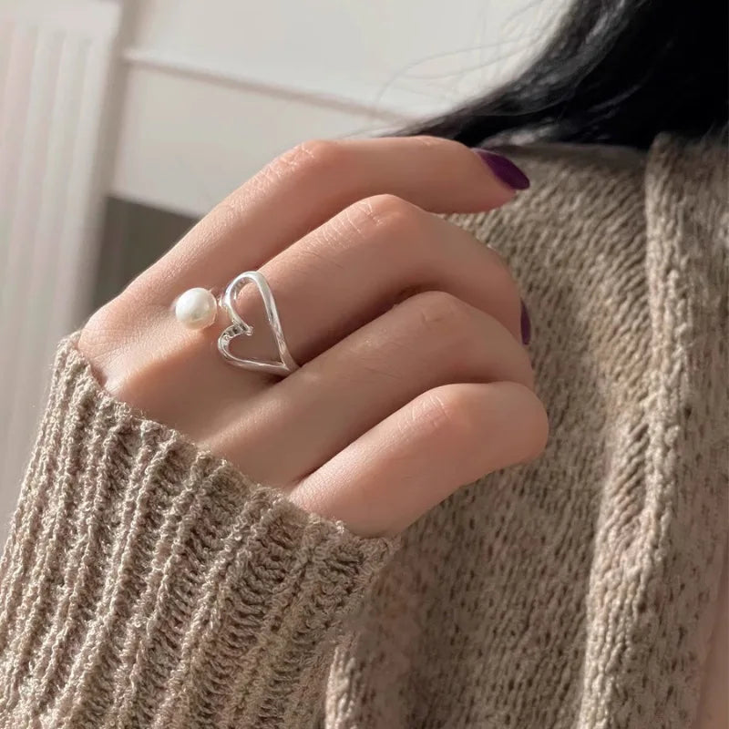 VENTFILLE 925 Sterling Silve Love Heart  Ring for Women Girl Gift Line Pearl Korean Sweet  Jewelry Birthday Gift Dropshipping