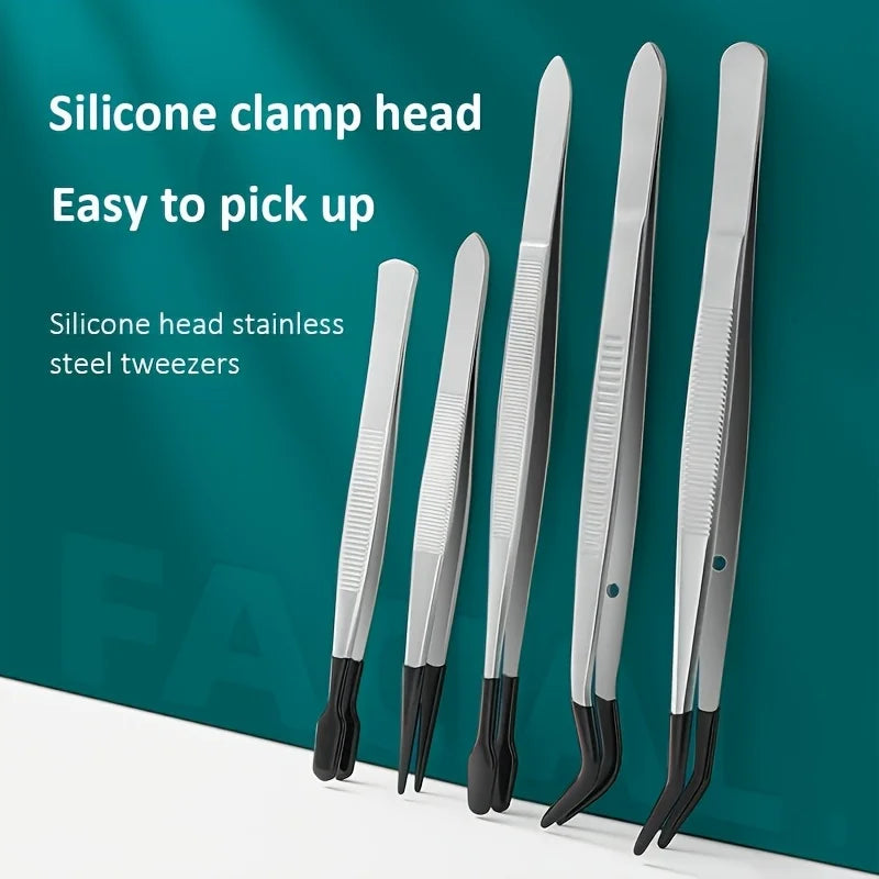 5pcs Tweezers With Rubber Tips Tweezers Rubber PVC Silicone Coated Non Marring Flat Tip Bent Tip Tweezers Tipped Tweezers
