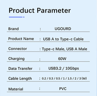 UGOURD USB3.2 10Gbps Cable USB 3.0/3.1/3.2 OTG Cable USB A to USB Type C Data Transfer SSD Hard Disk Cable 3A 60W QC 3.0