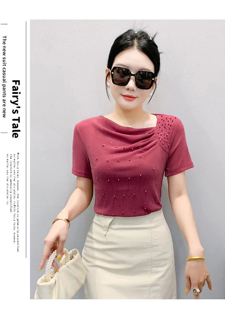 Korean Fashion Hot Diamond T Shirt Summer Casual Skew Neck Mesh Tops Beaded Short Sleeve Women Tees