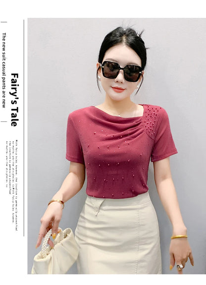Korean Fashion Hot Diamond T Shirt Summer Casual Skew Neck Mesh Tops Beaded Short Sleeve Women Tees