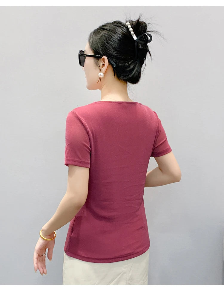 Korean Fashion Hot Diamond T Shirt Summer Casual Skew Neck Mesh Tops Beaded Short Sleeve Women Tees