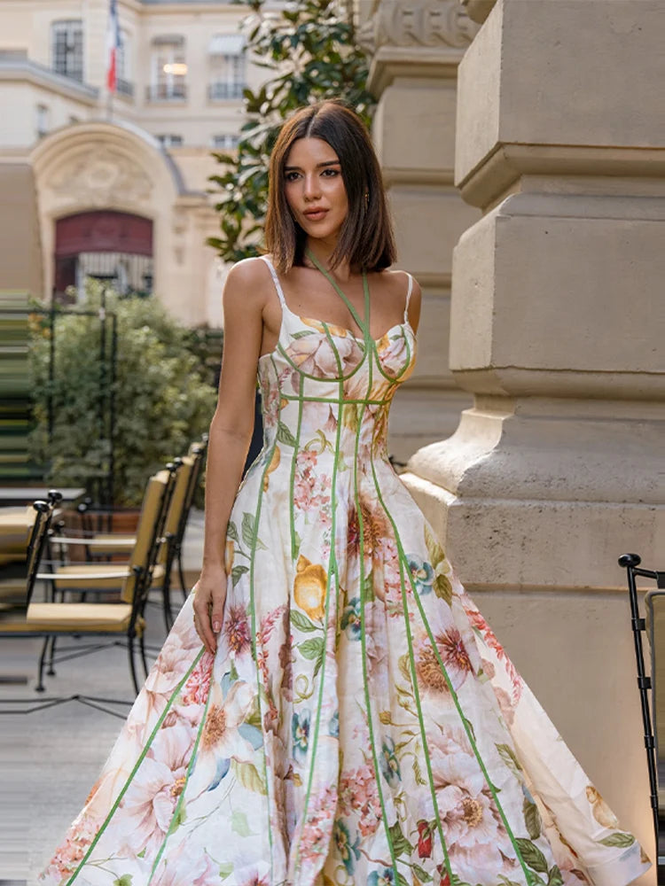 Women Elegant Printed Halter Long Sling Dress Sexy V-neck Sleeveless High Waist Slim A-line Dresses Lady Evening Party Dress