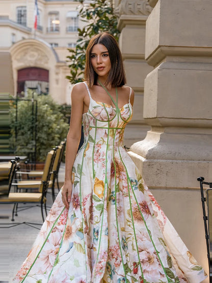Women Elegant Printed Halter Long Sling Dress Sexy V-neck Sleeveless High Waist Slim A-line Dresses Lady Evening Party Dress