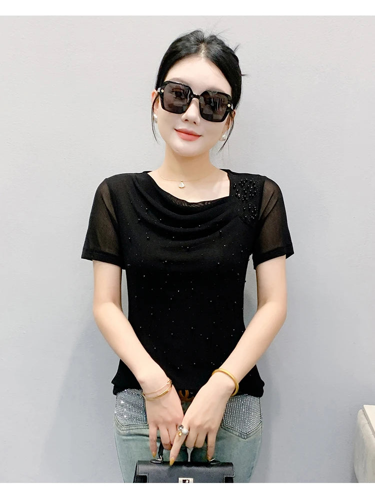 Korean Fashion Hot Diamond T Shirt Summer Casual Skew Neck Mesh Tops Beaded Short Sleeve Women Tees