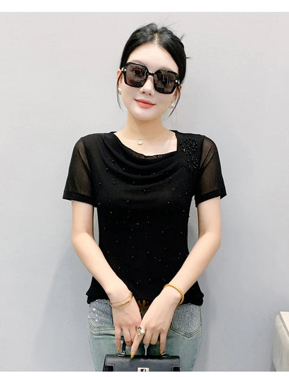 Korean Fashion Hot Diamond T Shirt Summer Casual Skew Neck Mesh Tops Beaded Short Sleeve Women Tees