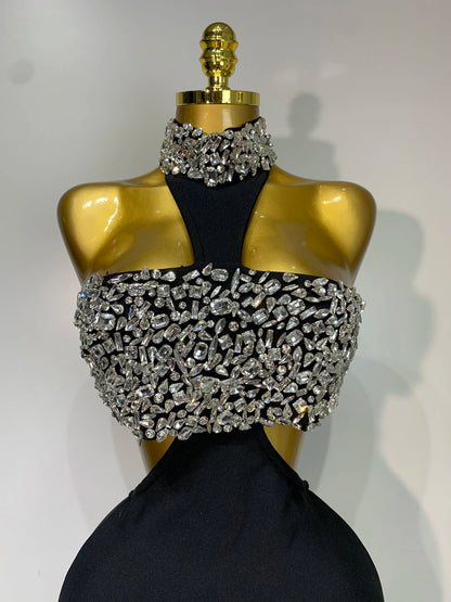 Women Sexy Backless Sparkly Crystal Diamonds Black Bodycon Bandage Dress Celebrity Elegant Evening Club Party Birthday Dresses