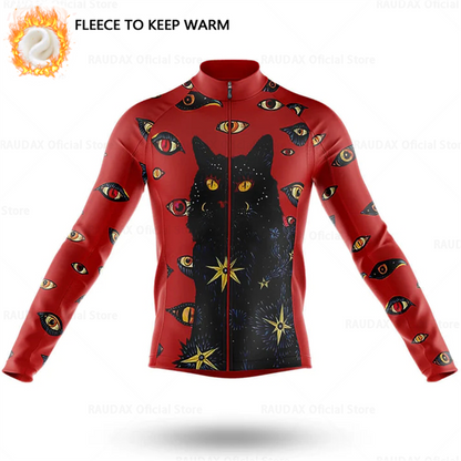 Cartoon Cat Winter Cycling Jersey Men Thermal Fleece Long Sleeve Race Sweatshirt MTB Cycling Clothing Ropa Ciclismo Bike Jacket