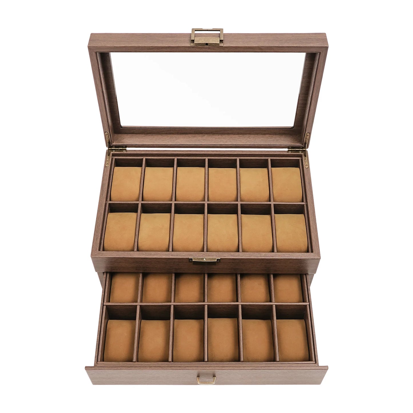 Watch Box, 2 Layers 24 Compartments, Watch Display Case with Transparent Window Veneer,Watch Box Organizer, Wooden W