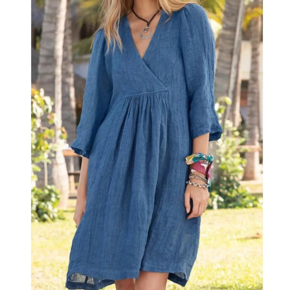 Cotton Linen Solid Color Dress Women's Spring Summer Seven Quarter Sleeve Sexy V-neck Casual Loose Mid Length Dress
