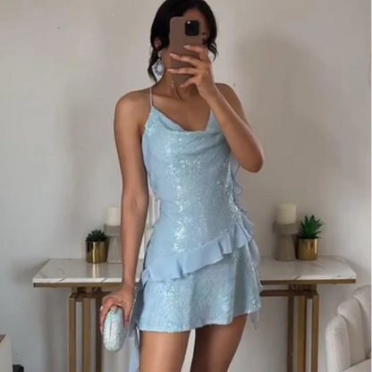 Women's Sexy Sequin Ruffle Short Dress Slim Spaghetti Strap Sleeveless Backless Party Gown for Summer 2025 Elegant Female Dress