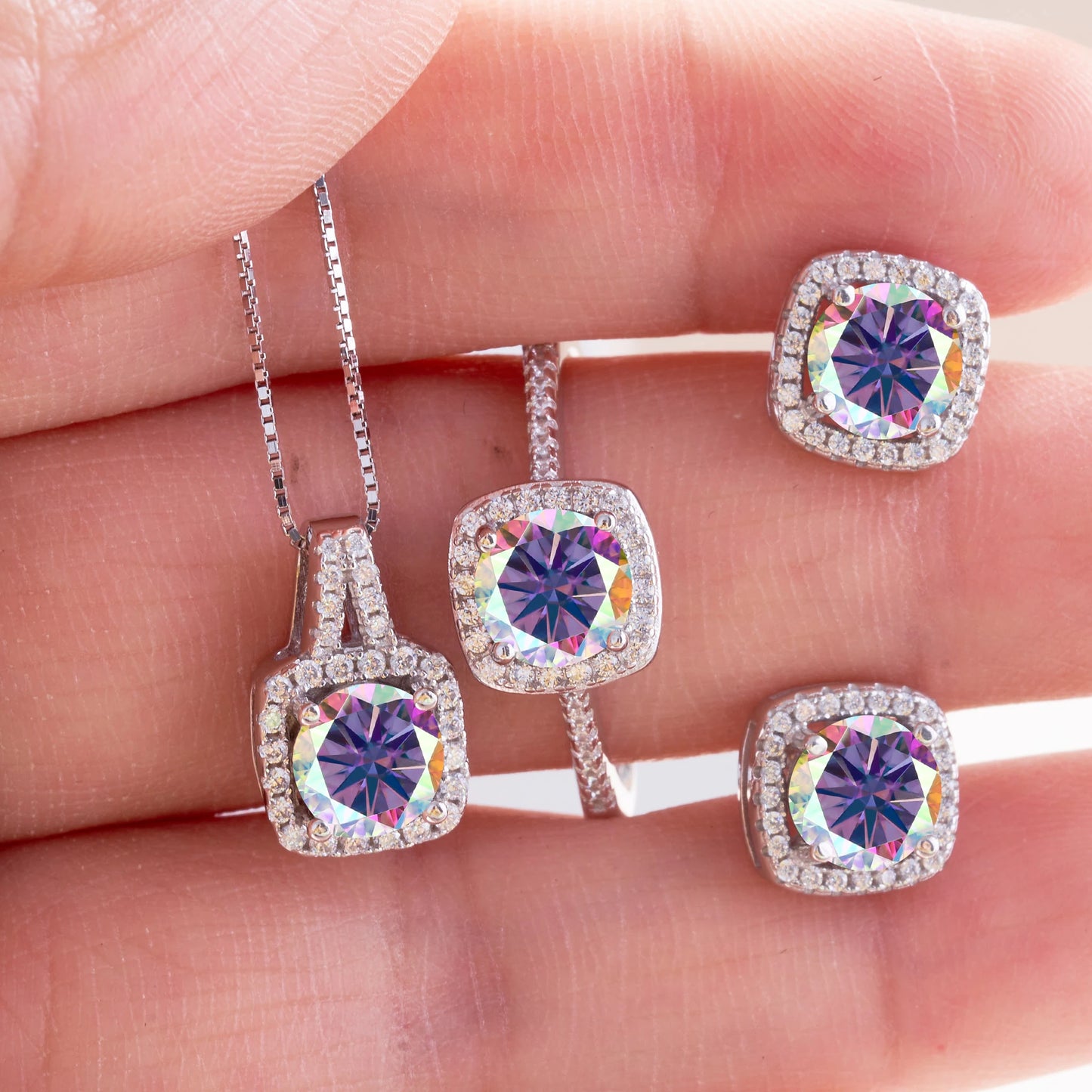Women's Round Cut D Color Moissanite Jewelry Set Real 925 Silver Pendant Necklace and Stud Earrings female dating fine Jewelry