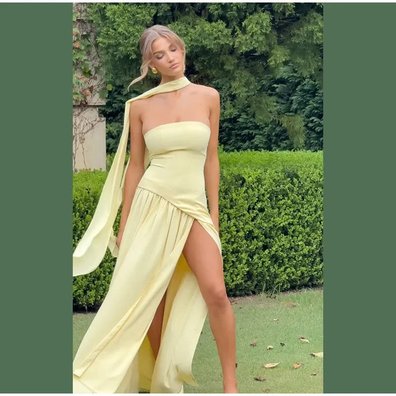Elegant Off-shoulder Strapless Yellow Long Dresses 2025 Summer Party Dress Women Pleat Scarf Neck Holiday Evening Lady Vestidos