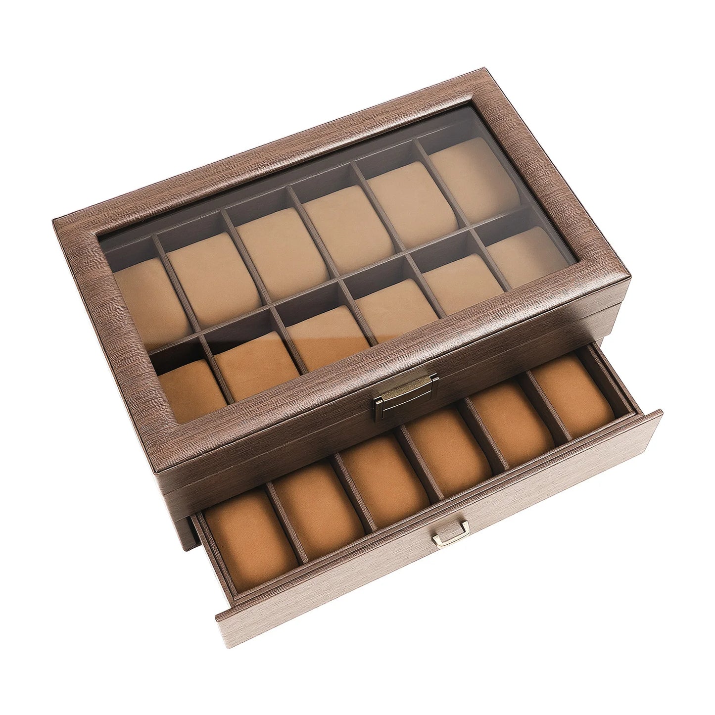 Watch Box, 2 Layers 24 Compartments, Watch Display Case with Transparent Window Veneer,Watch Box Organizer, Wooden W