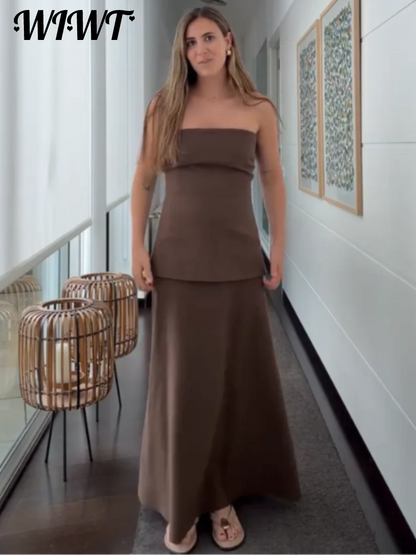 Vintage Patchwork Strapless Long Robes Women's Slim Backless Solid A-line Chest Wrap Dress 2025 Summer New Female Dresses