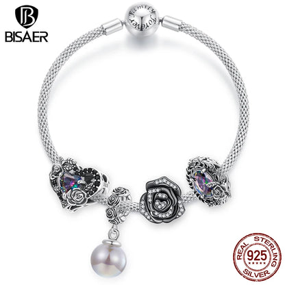 BISAER 925 Sterling Silver Vintage Dark Rose Charm Bead Black Rose Pendant for Women DIY Bracelet & Necklace Fine Jewelry