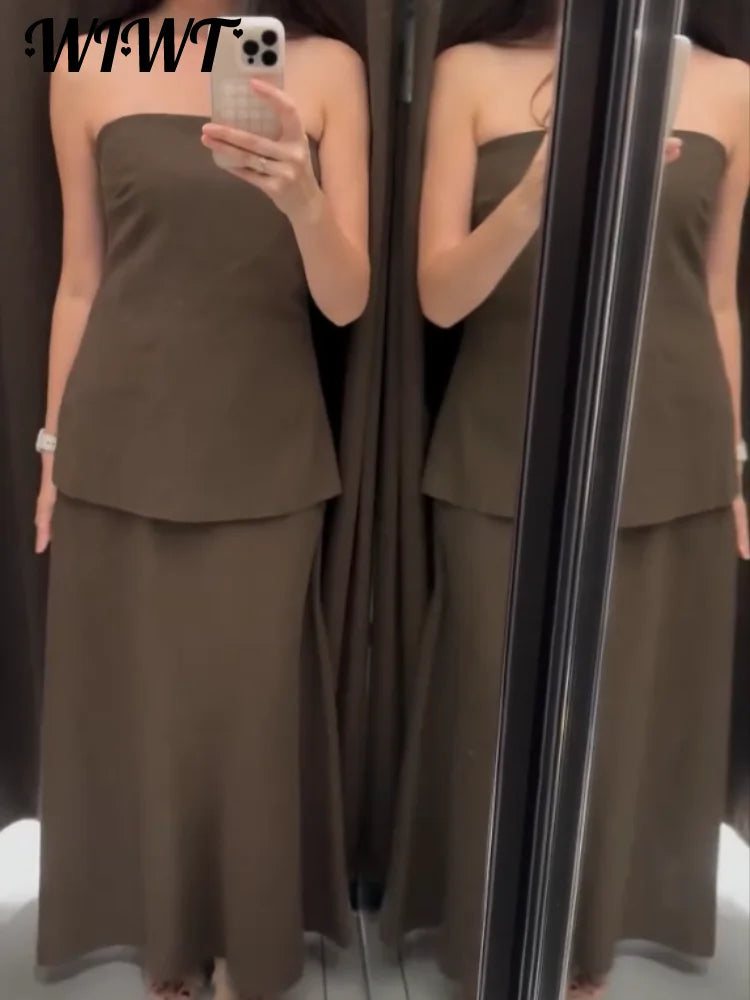 Vintage Patchwork Strapless Long Robes Women's Slim Backless Solid A-line Chest Wrap Dress 2025 Summer New Female Dresses