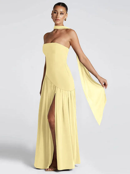 Elegant Off-shoulder Strapless Yellow Long Dresses 2025 Summer Party Dress Women Pleat Scarf Neck Holiday Evening Lady Vestidos