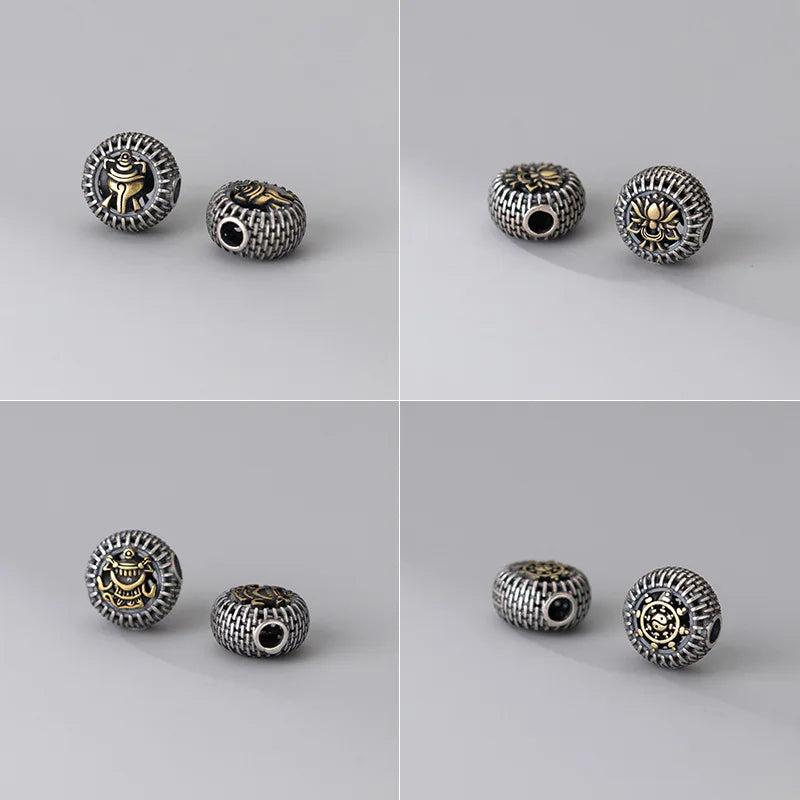 MEETSOFT  Vintage 925 Sterling Silver Auspicious Eight Treasures Beads Charms of DIY Handmade Bracelets Accessories Wholesale