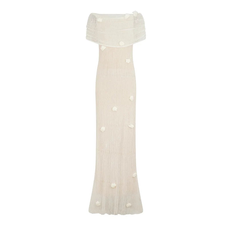 Chic 3D Flower Sleeveless Slim Maxi Dress Elegant Off Shoulder Knitted Long Dresses for Women 2025 Spring New Evening Party Robe