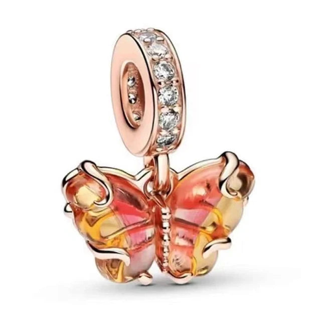 Rose Gold Fine Plated Pink Clip Dasiy Butterfly Dragonfly DIY Charms Fit Original Sterling Silver 925 Bracelet For Women Jewelry