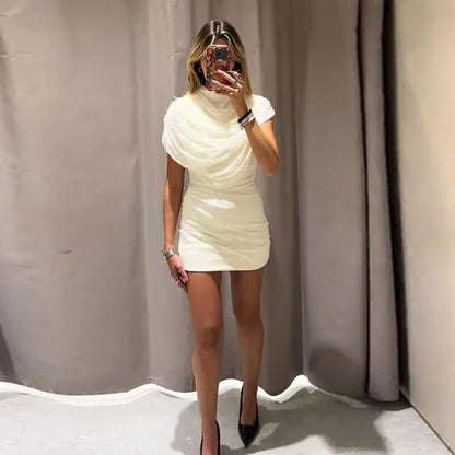 Elegant Mesh Shawl Short Dress Women Pleated Half High Collar Sleeveless Female Dresses 2026 Spring Lady Chic Party Gowns New