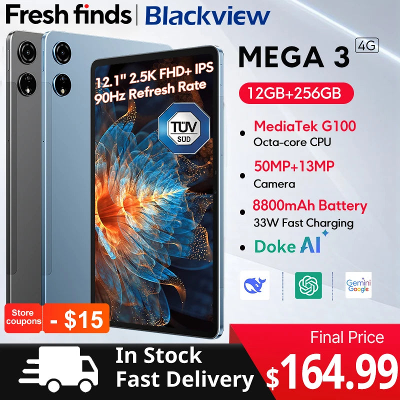 【World premiere】Blackview MEGA 3 Tablet 12.1" 2.5K 90Hz Display 12GB 256GB 8800mAh 50MP Camera 33W Fast Charging Android 15 Pa