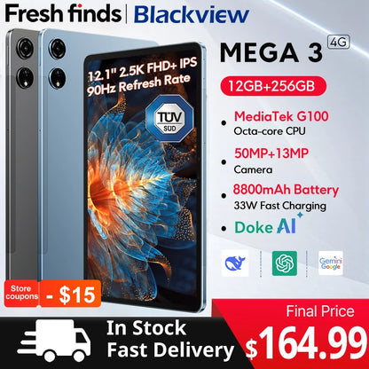 【World premiere】Blackview MEGA 3 Tablet 12.1" 2.5K 90Hz Display 12GB 256GB 8800mAh 50MP Camera 33W Fast Charging Android 15 Pa