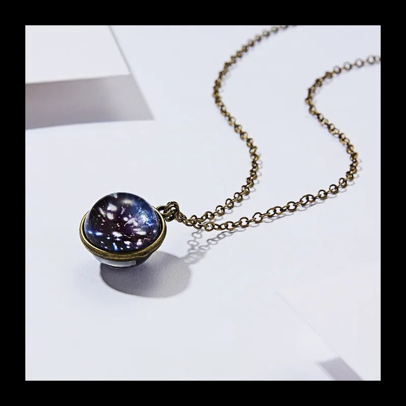 Fashion New Galaxy Nebula Universe Luminous Double-sided Retro Pendant Necklace Creative Starry Sky Light Luxury Geometry
